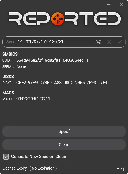 Reported.lol HWID Spoofer MAIN menu